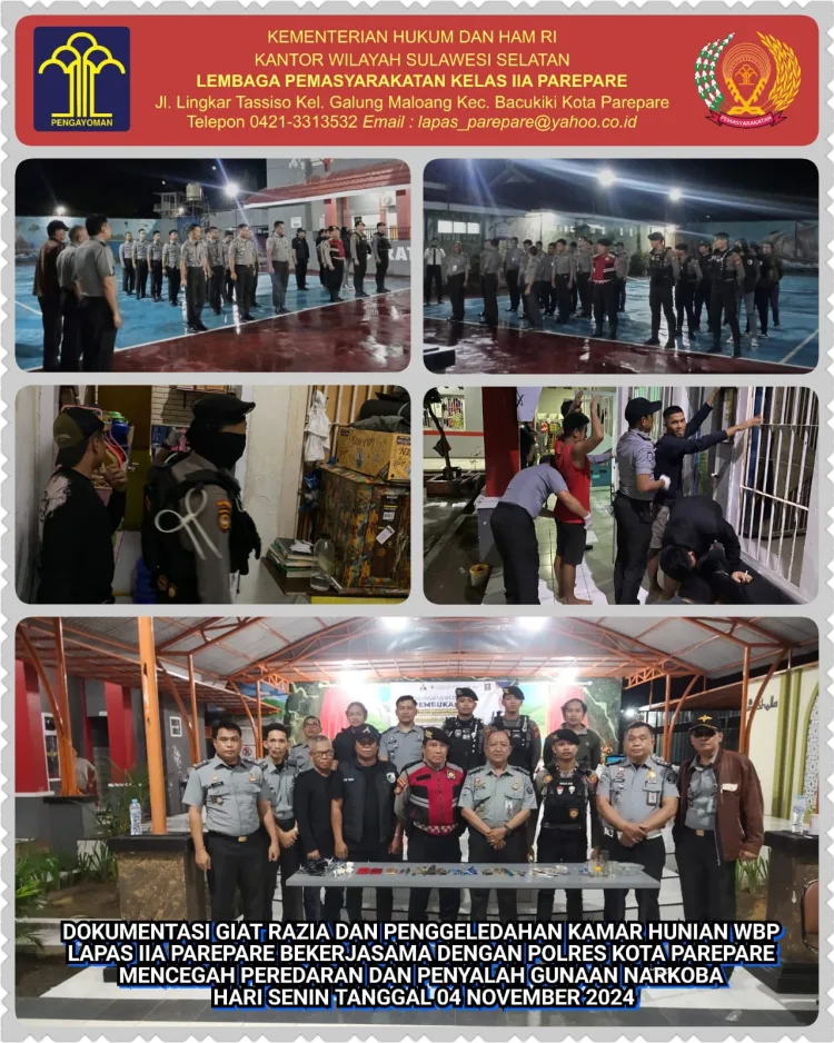 Lapas Kelas IIA Parepare Gelar Razia Gabungan Blok Hunian Bersama Polres Parepare Guna Mencegah Peredaran Dan Penyalah Gunaan Narkoba