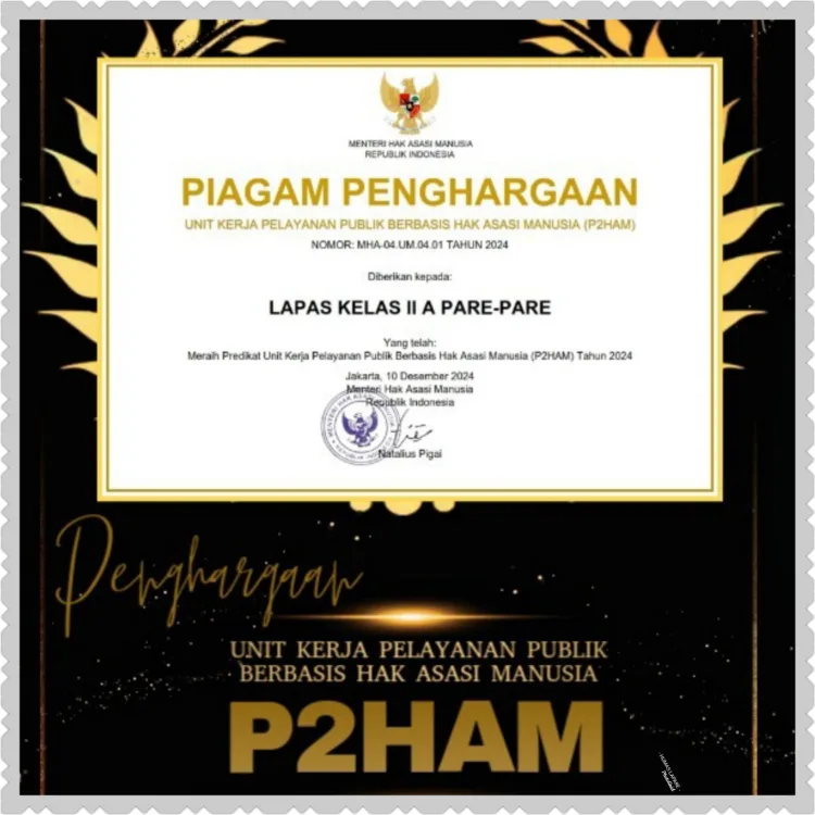 Lapas Kelas IIA Berhasil Raih Penghargaan Pelayanan Publik Berbasis Hak Asasi Manusia (P2HAM) Tahun 2024