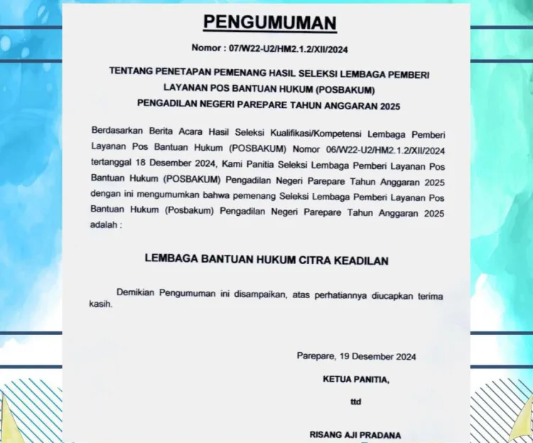 LBH Citra Keadilan Resmi Jadi Penyedia Posbakum Pengadilan Negeri Parepare Tahun 2025