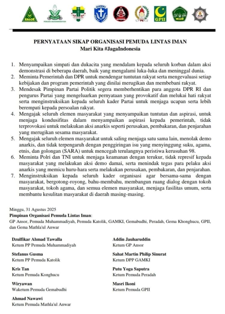 Organisasi Pemuda Lintas Iman Serukan Jaga Indonesia, Minta Pemerintah Dengarkan Suara Rakyat