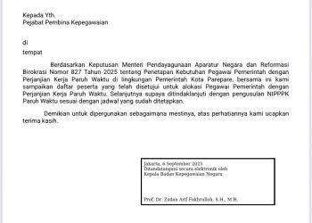 Pemkot Parepare Terima 1020 Alokasi PPPK Paruh Waktu Tahun 2025