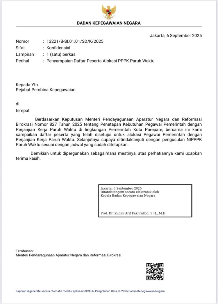 Pemkot Parepare Terima 1020 Alokasi PPPK Paruh Waktu Tahun 2025