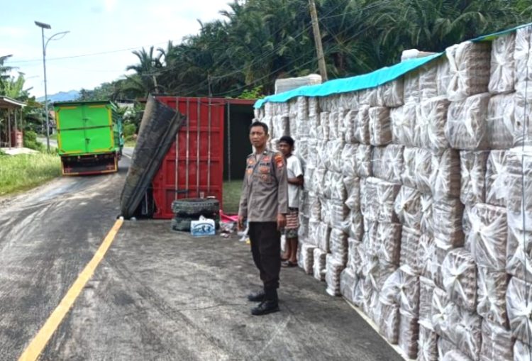 Truk Hino Terguling Terguling di Desa Tubo Apoang, Polsubsektor Tubo Sendana Sigap Amankan Lokasi Kejadian
