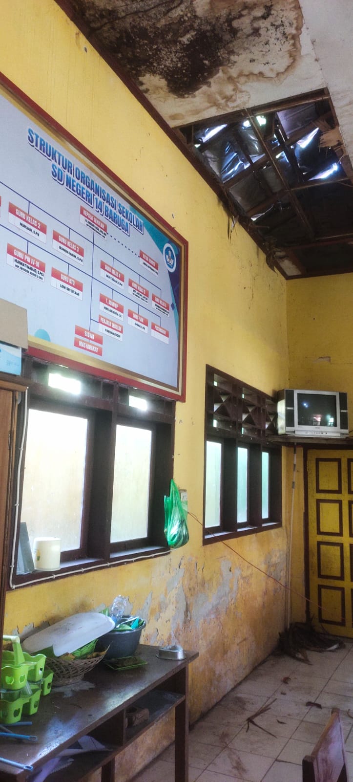 Atap Kantor SD Negeri 14 Baruga Rusak Parah Akibat Tertimpa Buah Pohon Sukun, Butuh Bantuan Perbaikan
